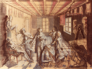 Gli amici di casa Duplay 1987 olio su legno 60x80 cm