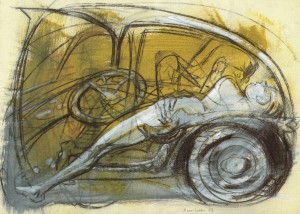 10. Auto e nudo bianco, 1959, carbone e tempera su carta, 34x48 cm