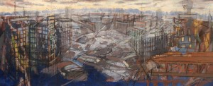 Milano, 1991, carbone e tempera su tela, 43 x 100 cm