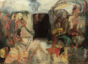 16. Discussione degli intellettuali, 1961, olio su tela, 115x158 cm