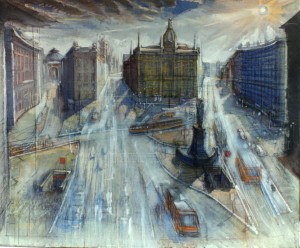 Piazza Cordusio col sole, 1993, tempera su tela, 100x120 cm