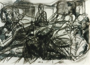 28. Pranzo, 1964, carbone e inchiostro su carta, 25x35 cm