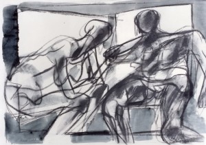 33. Due figure controluce, 1969, carbone e inchiostro su carta, 34x48 cm