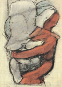 34. Abbraccio, 1969, carbone e tempera su carta, 34x24 cm