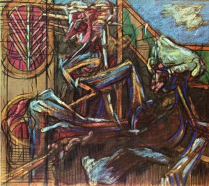 Caduta (partic.), 1964, pastello su carta, 70x61 cm