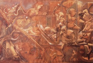 Il Carro di Milano, 1973-74, olio su tela, 170x280 cm, Tortona, collezione privata