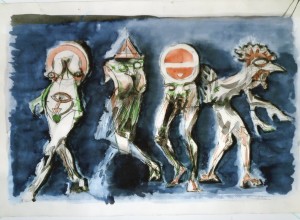 Caricature, s.d., matita e acquarello su carta, 60x89 cm