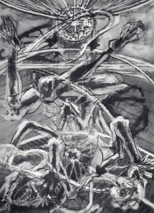 La caduta del campione, 1965, olio su tela, 175x120 cm