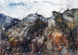 Tre vacche alle lesaie, 1977, olio su tela, 25x35 cm