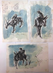 Tre studi per Bertoldo, s.d., tecnica mista su carta, 15x10,15x10, 10x15 cm