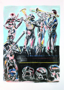 Suonatori s.d., litografia a colori, 70x50-cm