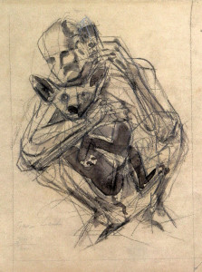 Cane e telefono, 2000, carbone e inchiostro su carta